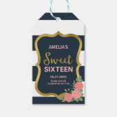 Blauw & Witte Strepen, Roze Rozen Sweet 16 Cadeaulabel (Voorkant)