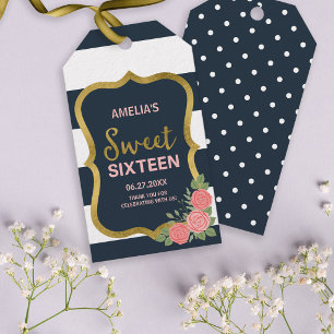 Blauw & Witte Strepen, Roze Rozen Sweet 16 Cadeaulabel