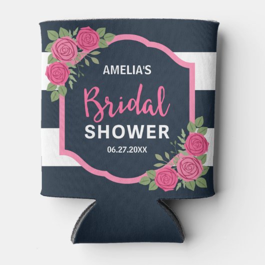 Blauw witte strepen Roze Vrijgezellenfeest Blikjeskoeler (Voorkant)