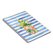 Blauw Witte Strepen Tropisch Bloemmotief Ananas Notitieboek (Rechterzijde)