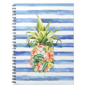 Blauw Witte Strepen Tropisch Bloemmotief Ananas Notitieboek