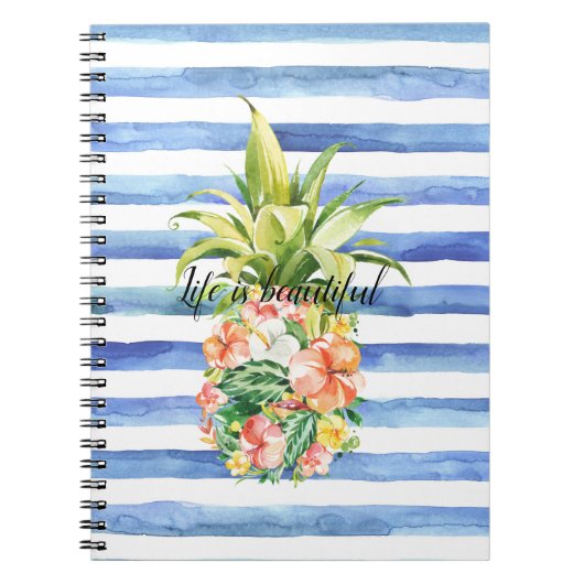 Blauw Witte Strepen Tropisch Bloemmotief Ananas Notitieboek (Voorkant)