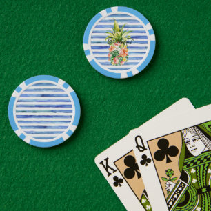 Blauw Witte Strepen Tropisch Bloemmotief Ananas Poker Chips