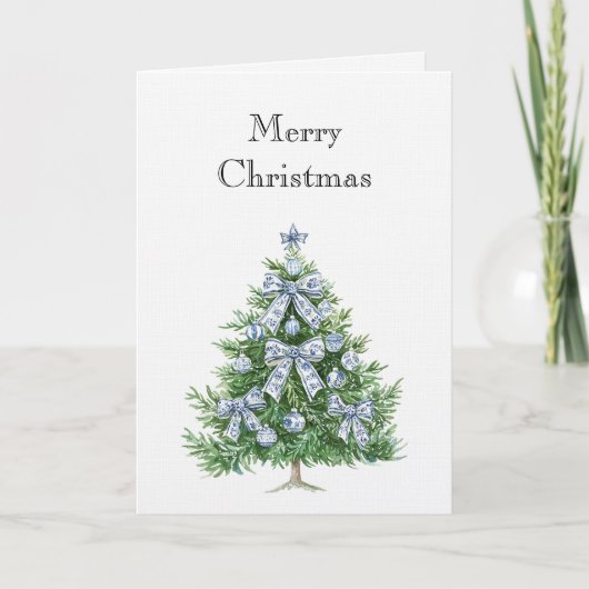 Blauw Witte Strikken Kerstboom Kaart (Voorkant)