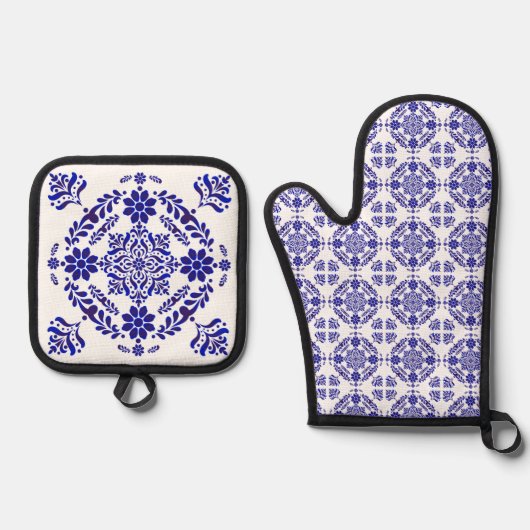 Blauw-witte Talavera Drie Ovenwant & Pannenlap Set (Voorkant)