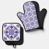 Blauw-witte Talavera Drie Ovenwant & Pannenlap Set (Voorkant / Achterkant)