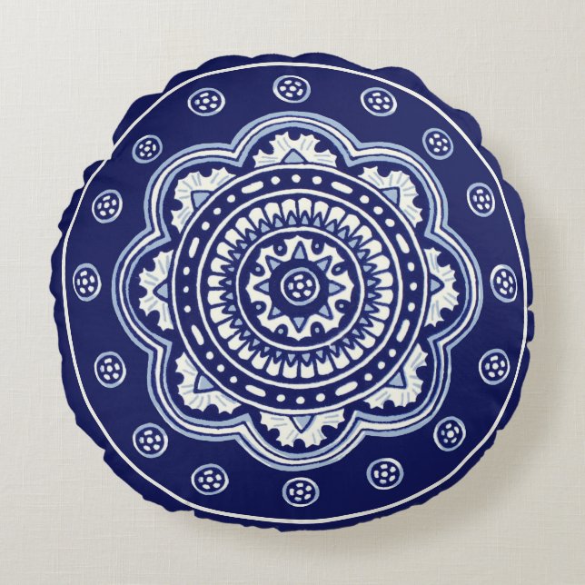 Blauw-witte Talavera Vijf Rond Kussen (Voorkant)