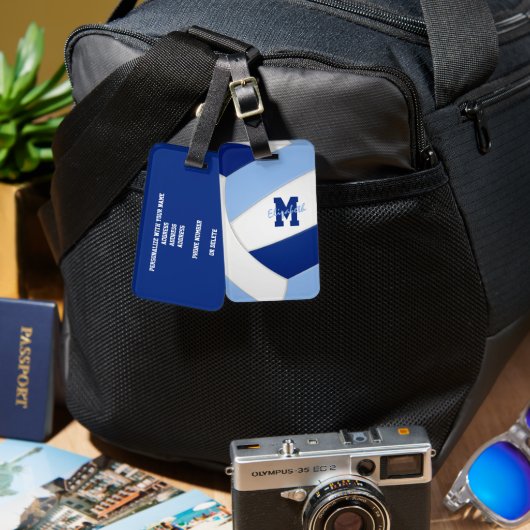 blauw witte teamkleuren gemerkte volleybal bagagelabel (Voorkant /achterkant)