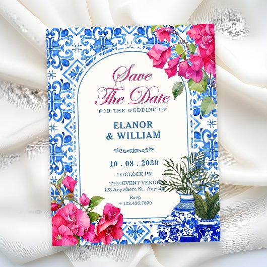 Blauw witte tegel artistiek save the date