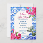 Blauw witte tegel artistiek save the date (Voorkant)