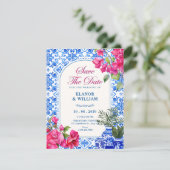 Blauw witte tegel artistiek save the date (Staand voorkant)