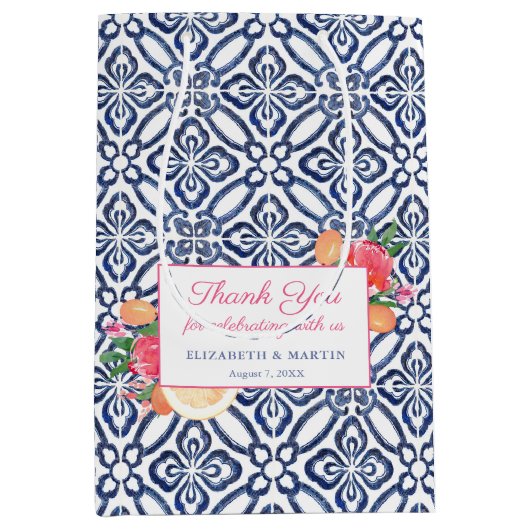 Blauw-witte Tegel kleurrijke Citrus bruiloft douch Medium Cadeauzakje (Voorkant)