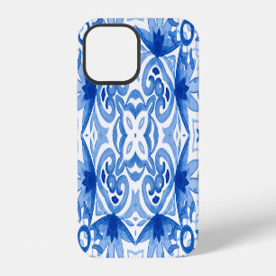 Blauw witte tegel, naadloos aquarelpatroon. iPhone 12 hoesje