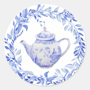Blauw-Witte Theepot met Krans  Ronde Sticker