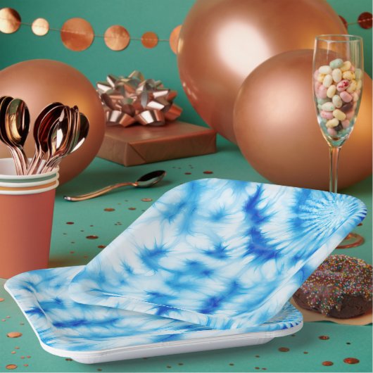 Blauw Witte Tie Dye Papieren Bordje (Multi)