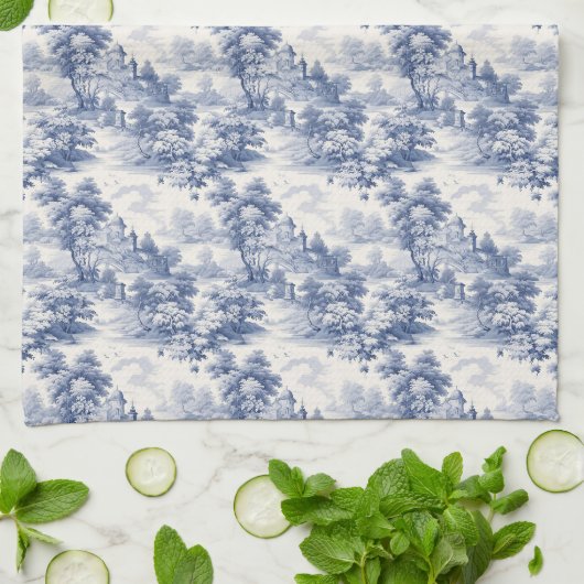 Blauw Witte Toile Bloem Country Frans  Theedoek (Gevouwen)