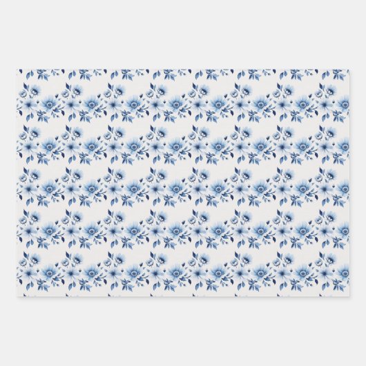 Blauw Witte Toile Bloemachtige Trouw Baby Shower  Inpakpapier Vel (Voorkant 3)
