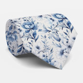 Blauw Witte Toile Bloemachtige Trouw Bruidsjonkers Stropdas (Opgerold)
