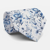 Blauw Witte Toile Bloemen Bruidsjonkers Bruidegom Stropdas (Opgerold)
