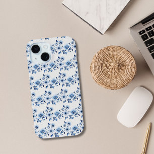 Blauw Witte Toile Bloemige Waterverf Elegant iPhone 15 Case