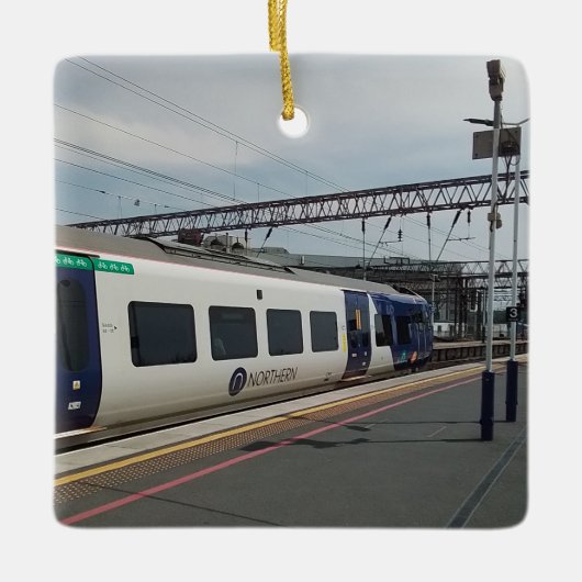 Blauw-witte trein keramisch ornament (Voorkant)