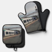 Blauw-witte trein ovenwant & pannenlap set (Voorkant / Achterkant)