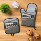 Blauw-witte trein ovenwant & pannenlap set (Top down)