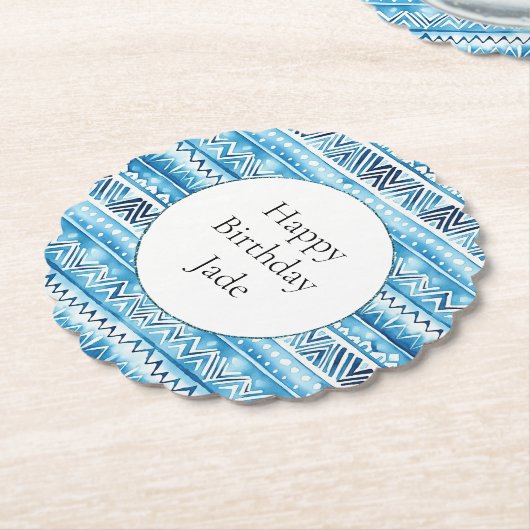 Blauw-witte tribale strepen Verjaardag Kartonnen Onderzetters (Gekanteld)