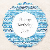 Blauw-witte tribale strepen Verjaardag Kartonnen Onderzetters (Voorkant)