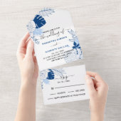 Blauw & Witte Tropische Bladeren Bruiloft All In One Uitnodiging (Afscheurbaar)