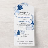 Blauw & Witte Tropische Bladeren Bruiloft All In One Uitnodiging (Binnen)