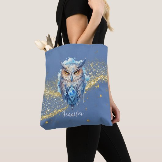 Blauw & Witte Uil Goud Glitter Blauw Halloween Tote Bag (Dichtbij)