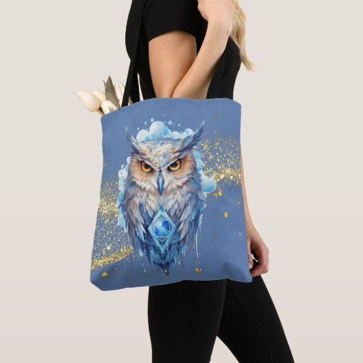 Blauw & Witte Uil Goud Glitter Blauw Halloween Tote Bag (Dichtbij)