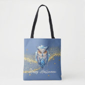 Blauw & Witte Uil Goud Glitter Blauw Halloween Tote Bag (Voorkant)