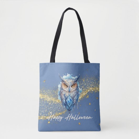 Blauw & Witte Uil Goud Glitter Blauw Halloween Tote Bag (Voorkant)