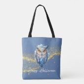 Blauw & Witte Uil Goud Glitter Blauw Halloween Tote Bag (Achterkant)