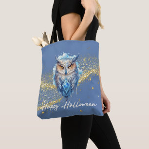 Blauw & Witte Uil Goud Glitter Blauw Halloween Tote Bag