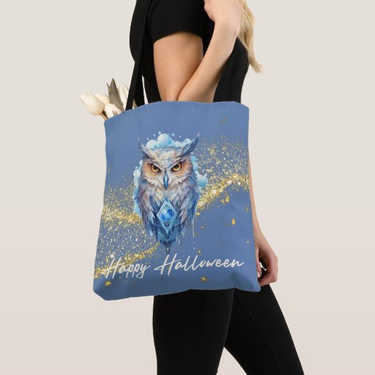 Blauw & Witte Uil Goud Glitter Blauw Halloween Tote Bag (Dichtbij)