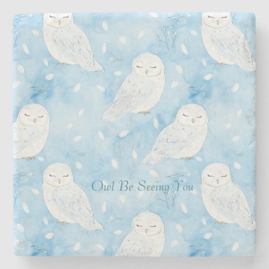 Blauw Witte Uilen Stenen Onderzetter (Voorkant)