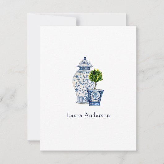 Blauw-witte urn en topiaire plat bedankkaart (Voorkant)