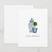 Blauw-witte urn en topiaire plat bedankkaart (Voorkant / Achterkant)