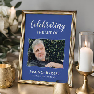 Blauw Witte Viering Van Het Leven Met Foto Funeral Poster