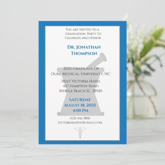 Blauw Witte Vijzel Stamper Apotheek Afstuderen Kaart (Staand voorkant)