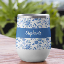 Blauw Witte Vintage Bloem Initialen Naam