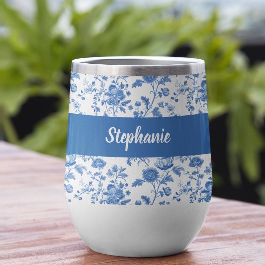 Blauw Witte Vintage Bloem Initialen Naam