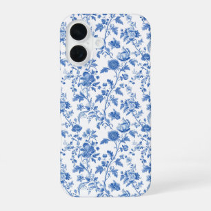Blauw Witte Vintage Bloem Motief iPhone 16 Hoesje