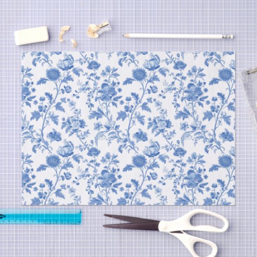 Blauw Witte Vintage Bloem Motief Tissuepapier (Craft)