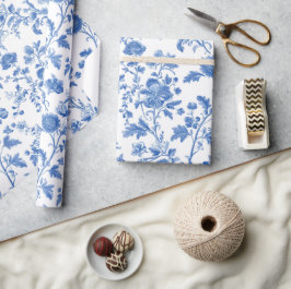 Blauw Witte Vintage Bloem Toile Patroon Cadeaupapier