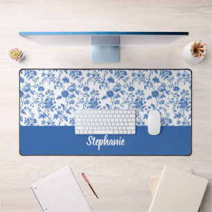 Blauw Witte Vintage Bloemige Gepersonaliseerde Naa Bureaumat