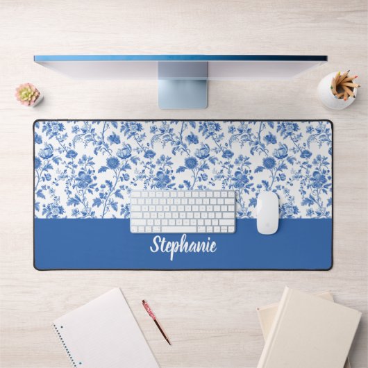 Blauw Witte Vintage Bloemige Gepersonaliseerde Naa Bureaumat (Kantoor 1)